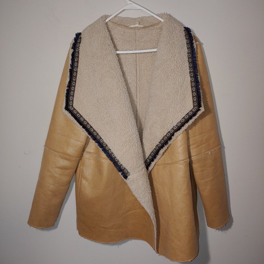 Mystree Faux Leather Shearling Embroidered Collar Jacket Size L Light Brown